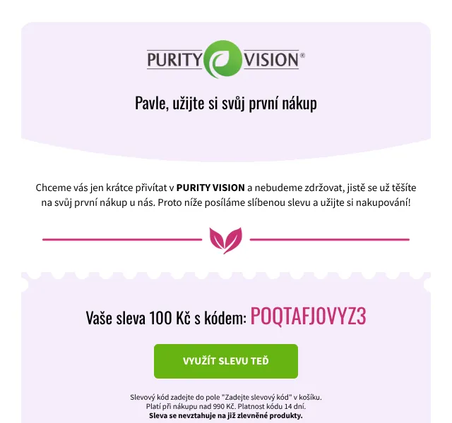 PURITY VISION: 100 Kč sleva na první nákup – červenec 2026