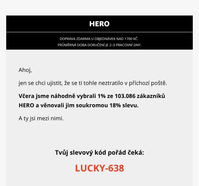 HERO: 18 % slevový kód LUCKY-638 – září 2026