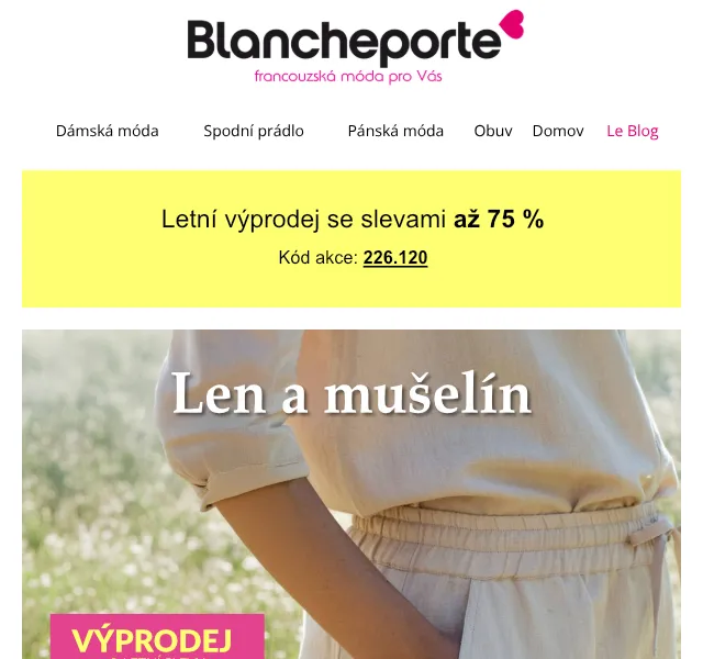 Blancheporte: Len a mušelín až -56 % – červenec 2026