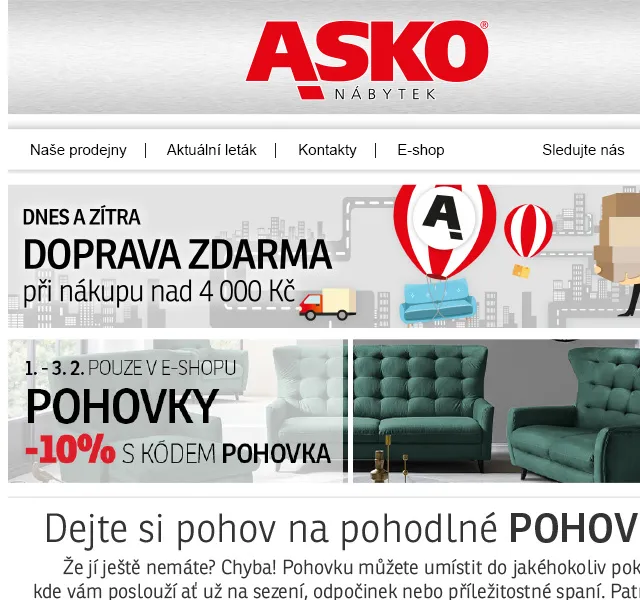 Asko Nábytek: Doprava ZDARMA a sleva na pohovky – červen 2026 | Nuslet.cz