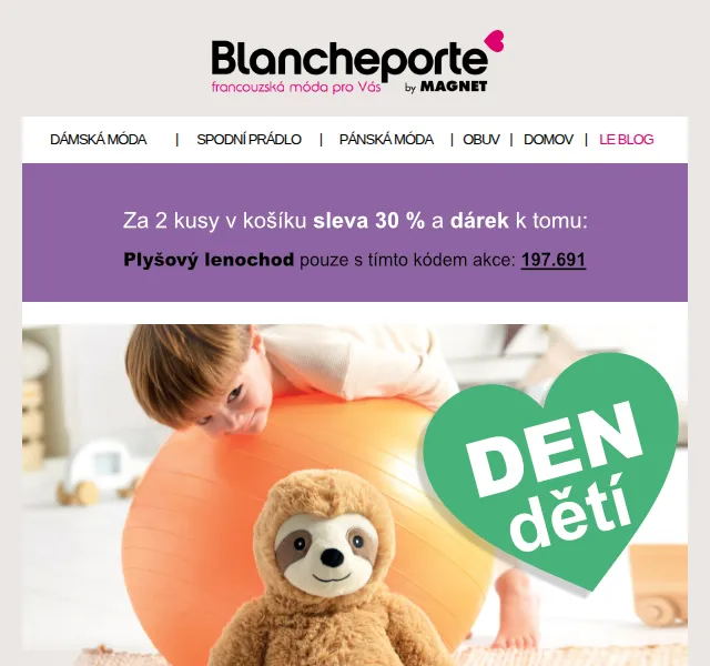 Blancheporte: Dárek k nákupu – plyšový lenochod zdarma při 2 ks – červenec 2026 | Nuslet.cz
