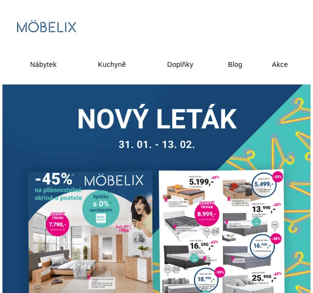 Möbelix: TV Nyon, postel Flexi a křeslo Abby – červen 2026 | Nuslet.cz