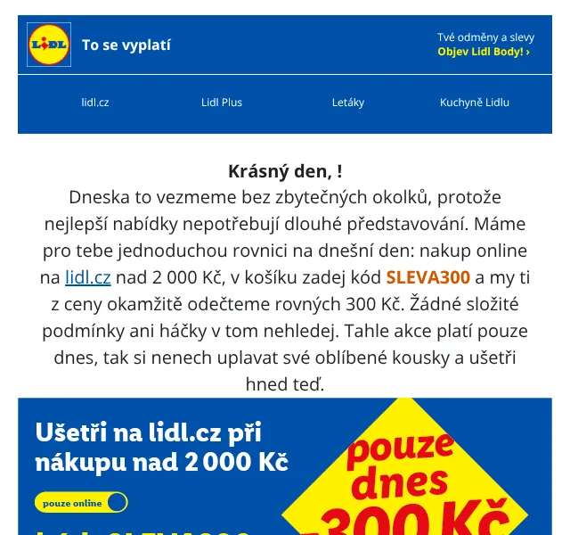 Lidl Plus: sleva 300 Kč při nákupu nad 2 000 Kč – červenec 2026