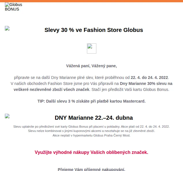 Globus Bonus: 30% sleva ve Fashion Store – duben 2022 | Nuslet.cz