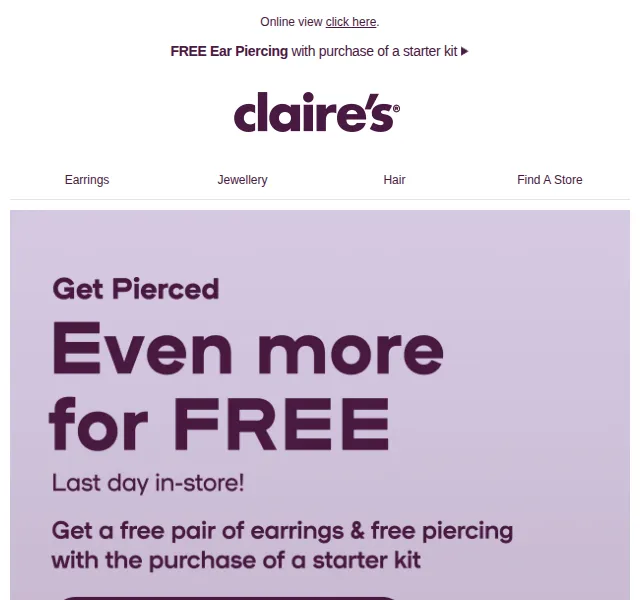 Claire's: Free náušnice ke starter setu + BOGO 50% – červen 2026 | Nuslet.cz