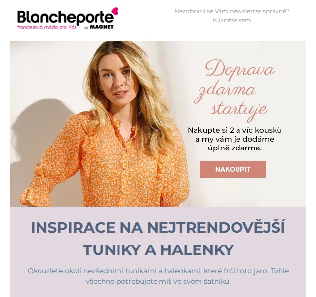 Blancheporte: Jarní halenky a tuniky s dopravou zdarma – červen 2026 | Nuslet.cz