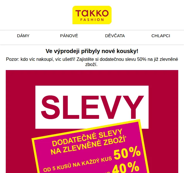 Takko Fashion: sleva až 50 % na nové kousky ve výprodeji – červen 2026 | Nuslet.cz