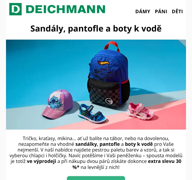 Deichmann: -30 % na 2. pár sandálů a bot — červenec 2026