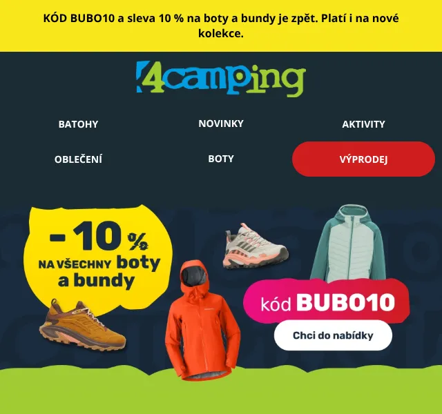 4camping.cz: Boty a bundy s kódem −10 % | září 2026