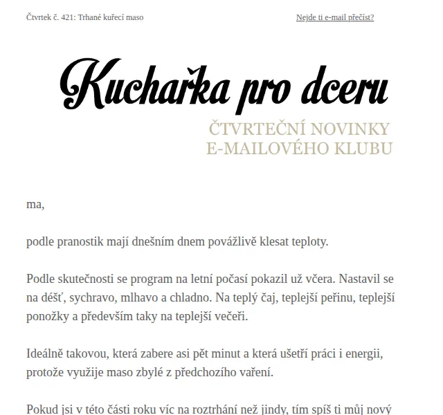 Florentýna - Kuchařka pro dceru: Trhané kuřecí maso – červen 2026 | Nuslet.cz