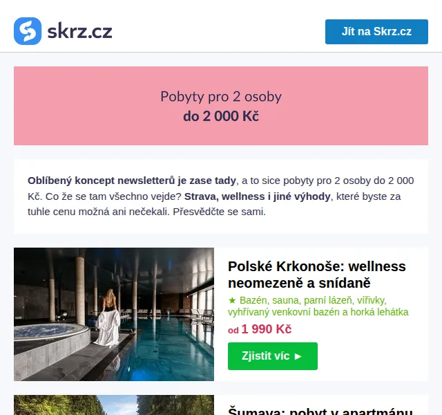 Skrz: Pobyty pro 2 do 2 000 Kč – wellness, snídaně – červen 2026 | Nuslet.cz