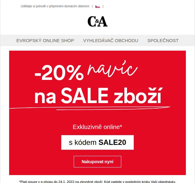 C&A: -20 % NAVÍC na SALE zboží – červen 2026 | Nuslet.cz