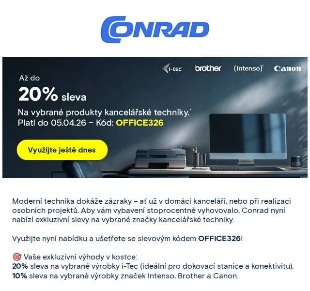 Conrad Electronic: sleva až 20 % na kancelářskou techniku – červen 2026 | Nuslet.cz