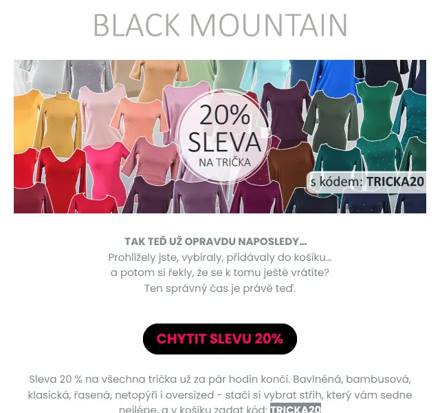 Black Mountain: Trička −20 % – srpen 2026 | Nuslet.cz