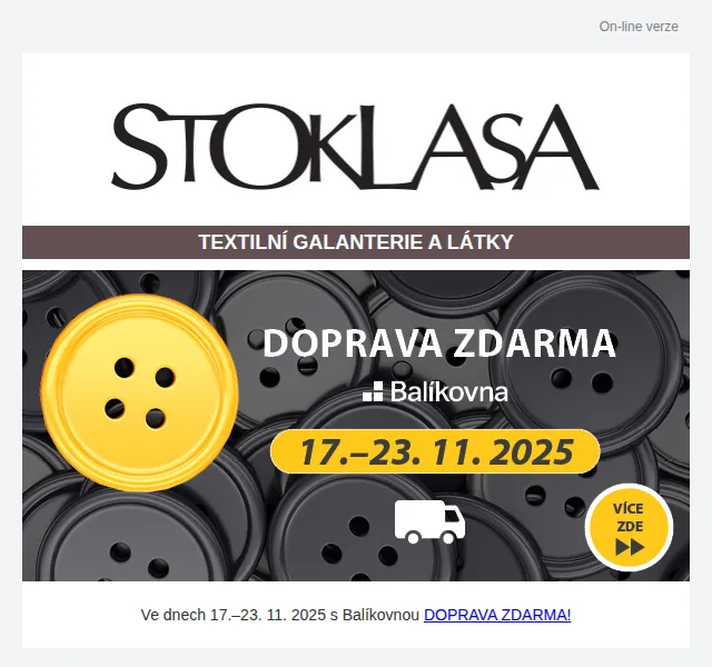 Stoklasa: doprava zdarma a slevy až 40 % – listopad 2025 | Nuslet.cz