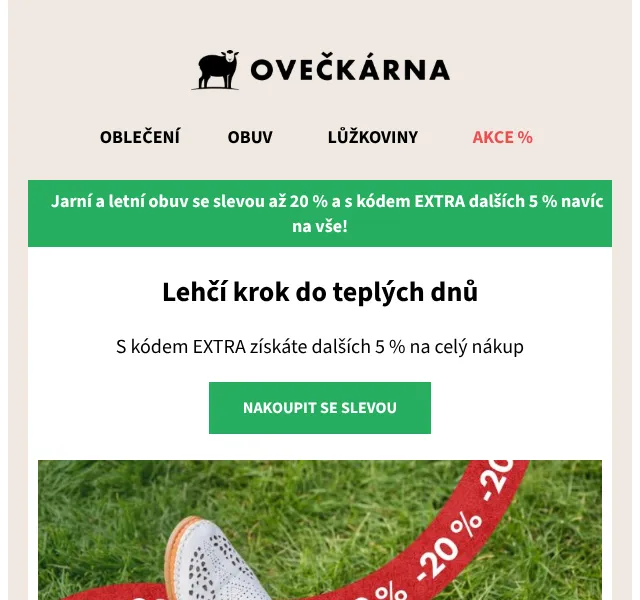 Ovečkárna: Jarní obuv se slevou 20 % + EXTRA 5 % – květen 2026
