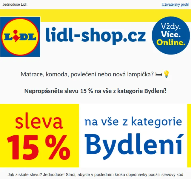 Lidl: Sleva 15 % na bydlení + nábytek a dekorace – červen 2026 | Nuslet.cz