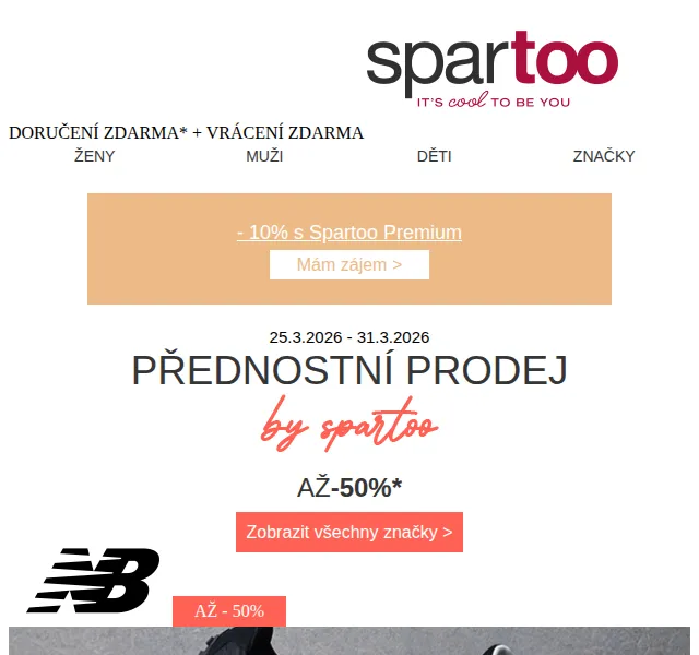 Spartoo.cz: Až -50% na Quiksilver, New Balance – březen 2026 | Nuslet.cz
