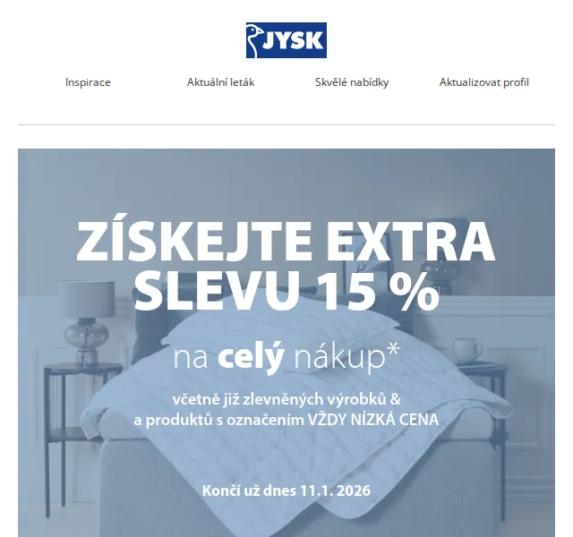JYSK: Extra sleva 15 % na nábytek a dekorace – duben 2026