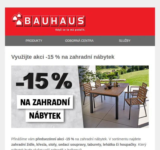 BAUHAUS: sleva -15 % na zahradní nábytek – červen 2026 | Nuslet.cz