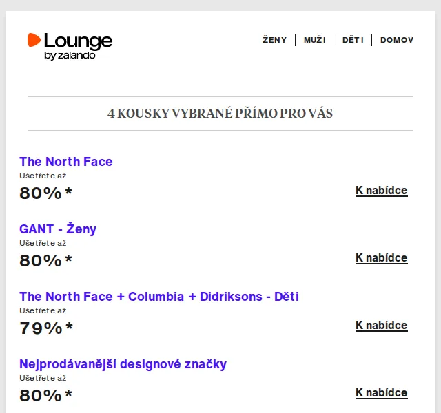 Lounge by Zalando: GANT, North Face až -80 % – duben 2026