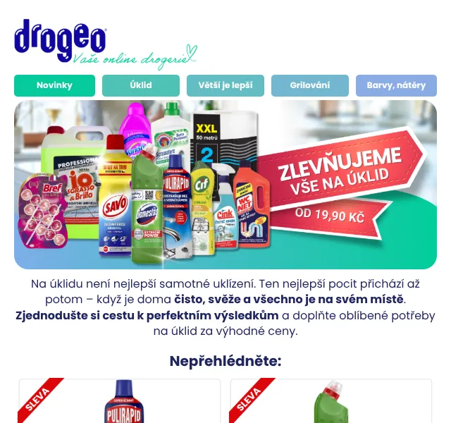 Drogeo: Domestos 29,90 Kč, Savo 39,90 Kč – srpen 2026