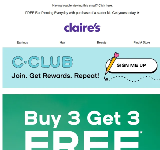 Claire's: 3 free na všechno – červen 2026 | Nuslet.cz