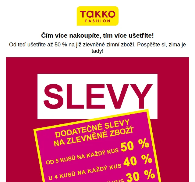 Takko Fashion: Sleva až 50 % na zimní zboží – červen 2026 | Nuslet.cz