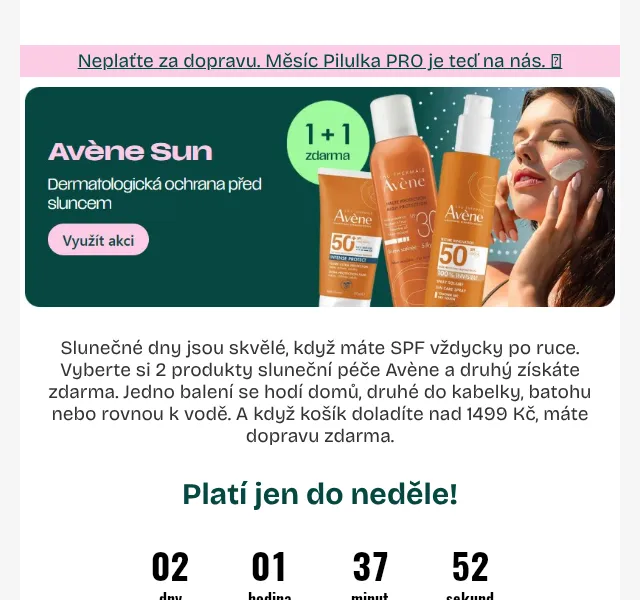 Pilulka.cz: 1+1 zdarma na Avène Sun – květen 2026