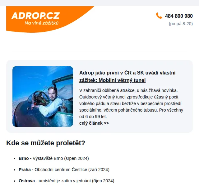 Adrop: Mobilní větrný tunel od 999 Kč – červen 2026 | Nuslet.cz