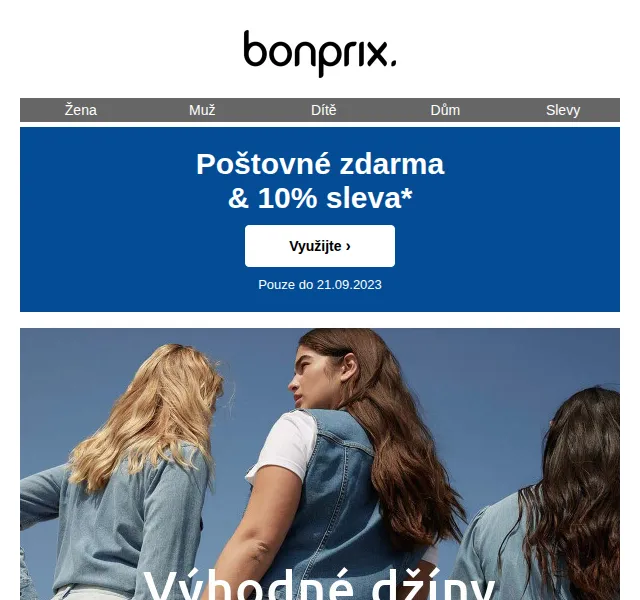 bonprix: 10% sleva + poštovné zdarma na džíny – červen 2026 | Nuslet.cz
