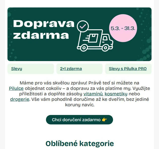Pilulka: Doprava zdarma a slevy – červenec 2026 | Nuslet.cz
