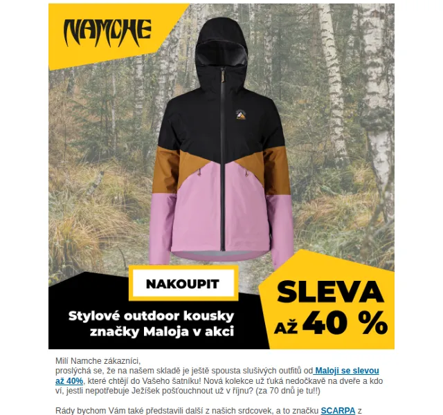 Namcheshop: Maloji sleva 40 % a Scarpa boty – říjen 2026 | Nuslet.cz