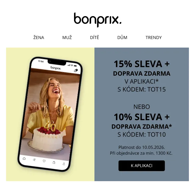 Bonprix: 10-15% sleva v aplikaci + doprava zdarma