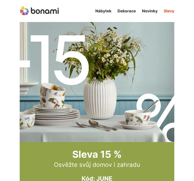 Bonami.cz: Nábytek a dekorace se slevou 15 % – červen 2026