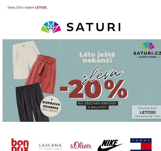 Saturi: letní sleva 20 % na kraťasy a kalhoty – červenec 2026 | Nuslet.cz