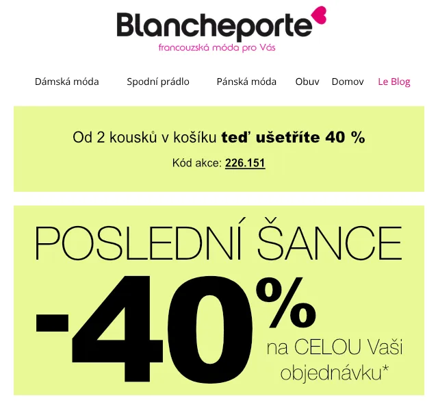 Blancheporte: Móda se 40% slevou od 2 ks – srpen 2026