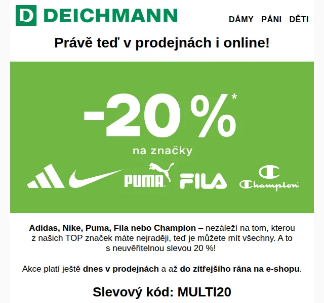 DEICHMANN: Sleva 20 % na Adidas, Nike, Puma – červenec 2026 | Nuslet.cz