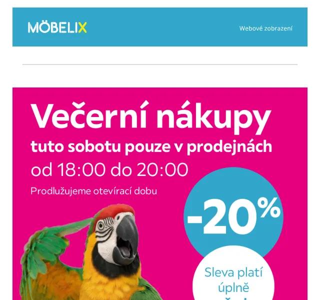 Möbelix: 20 % sleva na vše – srpen 2026