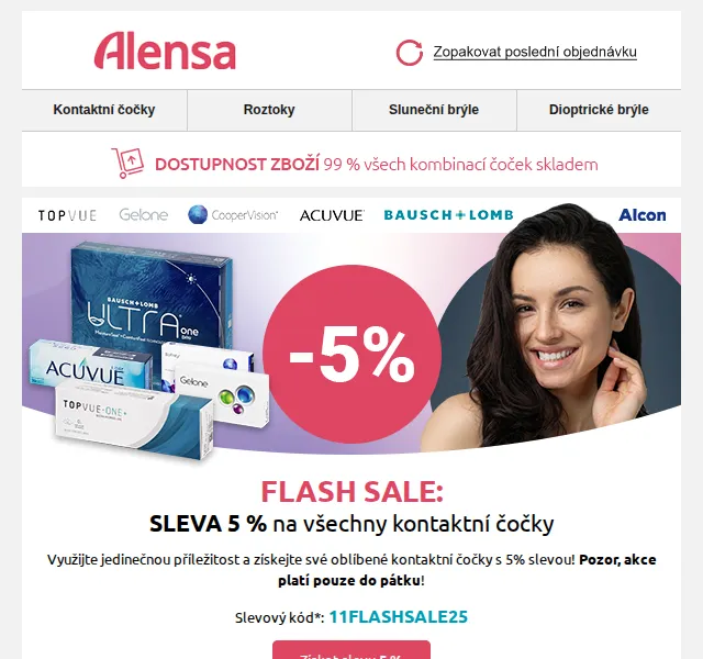 Alensa: Sleva 5 % na kontaktní čočky a 30 % na obroučky – červen 2026 | Nuslet.cz