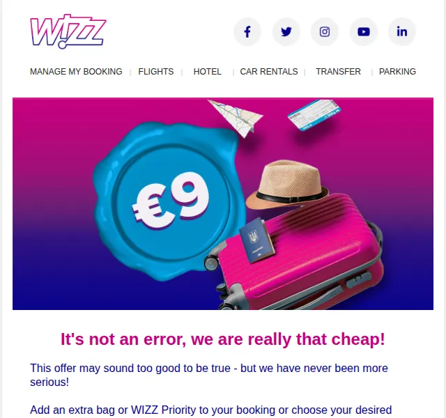 Wizz Air: 20kg zavazadlo a priority za 9 EUR – březen 2026 | Nuslet.cz
