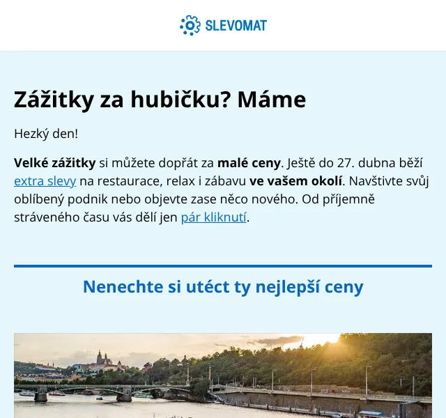 Slevomat: zážitky až -50 % – masáž, zábava, jídlo – duben 2026