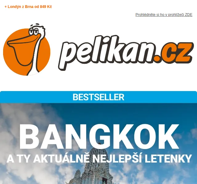 ✈ Pelikan.cz: Bangkok od 8 990 Kč, Londýn z Brna od 849 Kč – červenec 2026 | Nuslet.cz