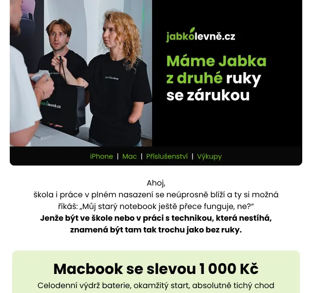 JabkoLevně.cz: MacBook sleva 1 000 Kč, iPad kód – srpen 2026