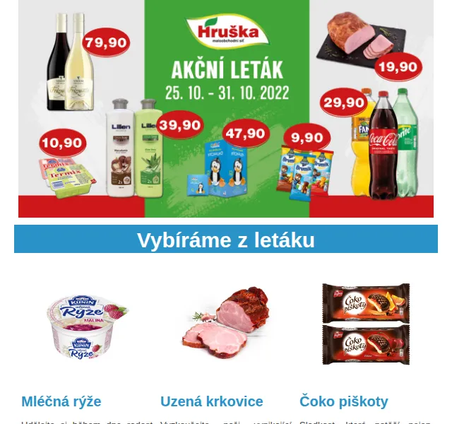 Váš HRUŠKA tým: leták 25.–31. 10. 2022 – mléčná rýže, uzená krkovice, pivo Litovel | Nuslet.cz