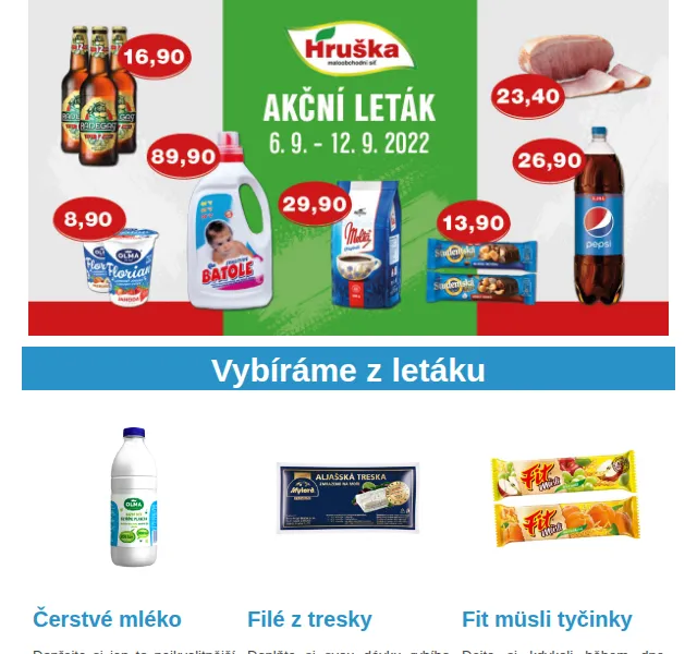 Váš HRUŠKA tým: leták 6.–12. 9. 2022 – čerstvé mléko, filé z tresky | Nuslet.cz