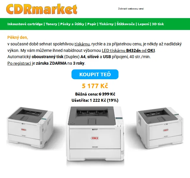 CDRmarket: Tiskárna OKI B432dn za 5 177 Kč – červen 2026 | Nuslet.cz