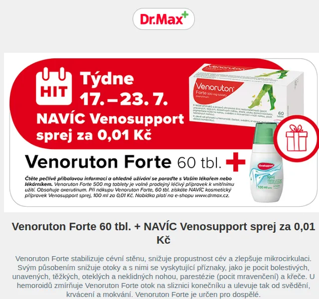 Dr.Max: Venoruton Forte 60 tbl. + Venosupport sprej za 0,01 Kč – červen 2026 | Nuslet.cz
