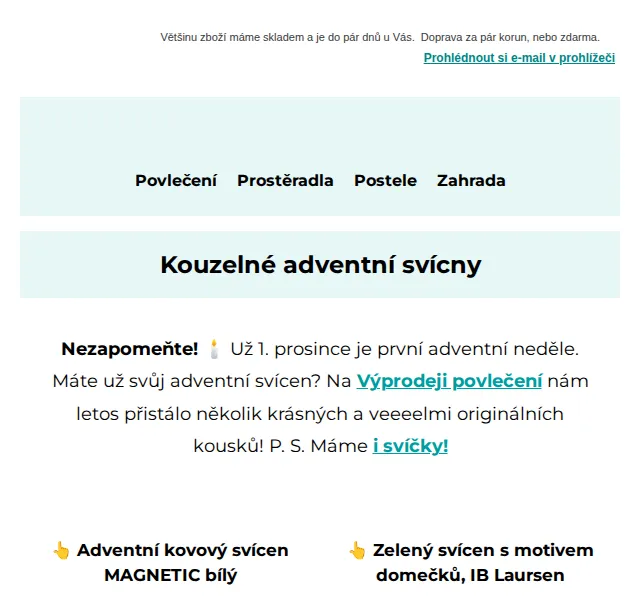 Výprodej povlečení: Adventní svícny od 47 Kč – červenec 2026 | Nuslet.cz