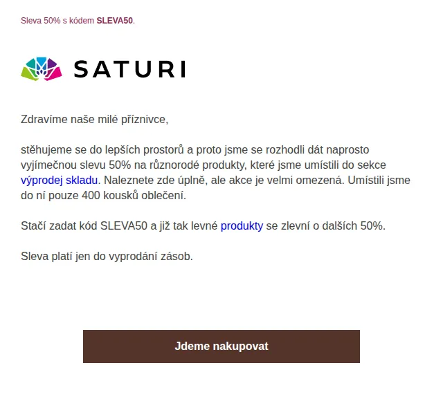 Saturi: Historicky největší výprodej – 50% sleva na 400 produktů | červen 2026 | Nuslet.cz